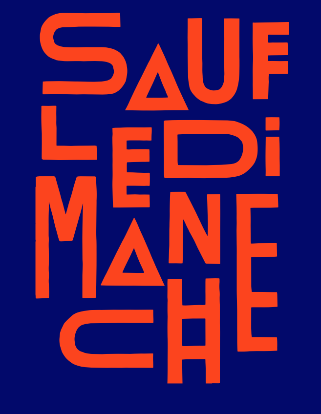 Logo Sauf le dimanche, Sauf le dimanche est écrit en lettre orange sur un fond bleu, les lettres s'entremêlent