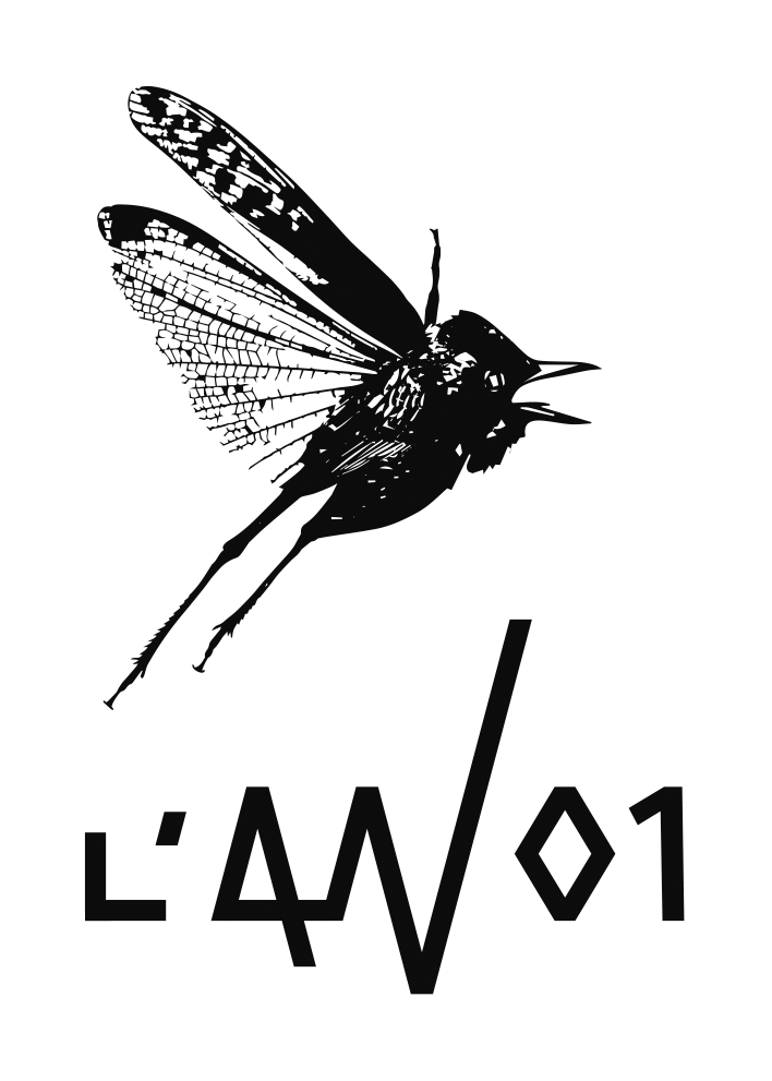 logo compagnie de théâtre l'an 01 bestiole hybride noir & blanc étourneau sansonnet VS criquet migrateur